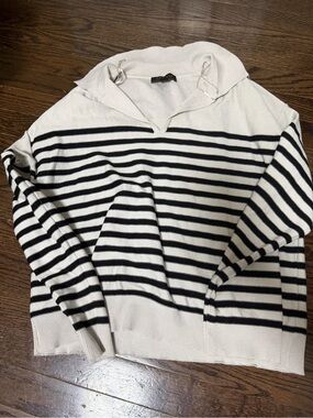 Truth Cream and Black Striped V-Neck Pullover Sweater